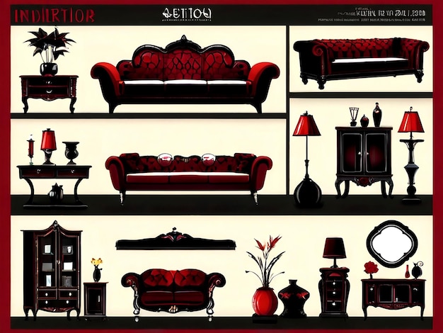 Vector vector set of interior furniture and decorations isolated