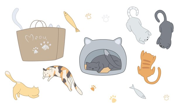 Vector set of isolated cats. Illustration has animals, fish, cat paws, food, kittens