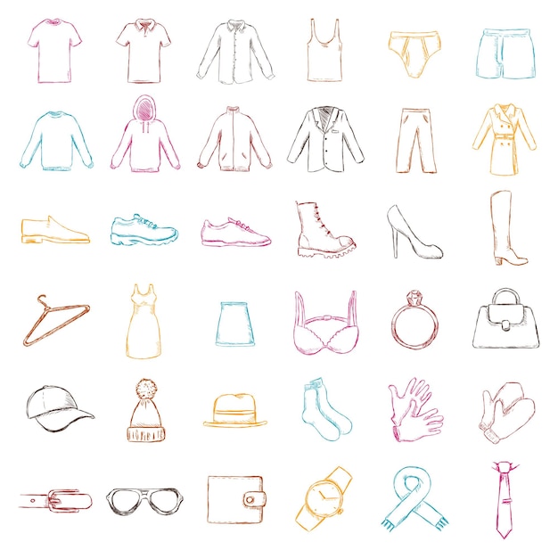 Векторный набор изолированных цветных эскизов одежды
