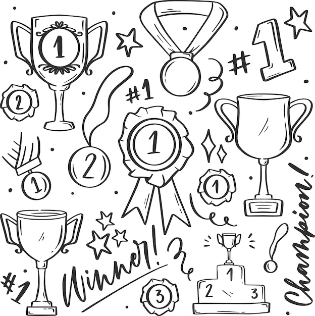 Vector vector set of isolated elements medals and awards with cups drawn in doodle style