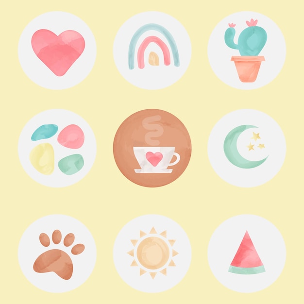 Vector set of isolated watercolor highlights icons for instsgramm