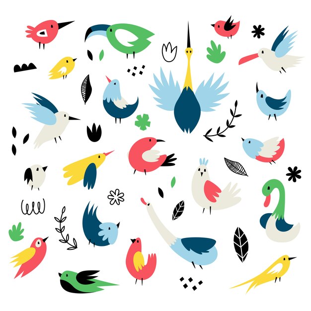 Vector vector set of isolates with cute birds in scandinavian style