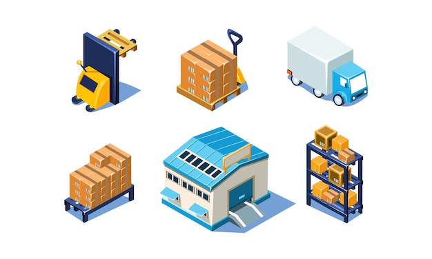 Vector set of isometric warehouse and logistics elements Cargo truck loading equipment building metal shelves and pallets with packages boxes Storage and transportation Colorful 3D icons