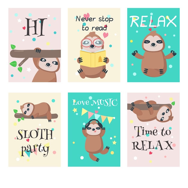 Vector set kaarten met schattige luiaards en citaten