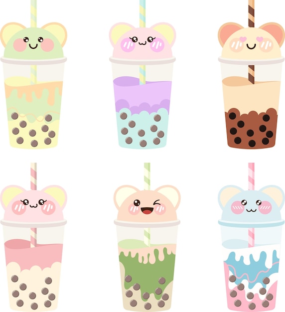 Векторный набор иллюстраций чайного молока с пузырьками Кавайи Милые наклейки чая Боба