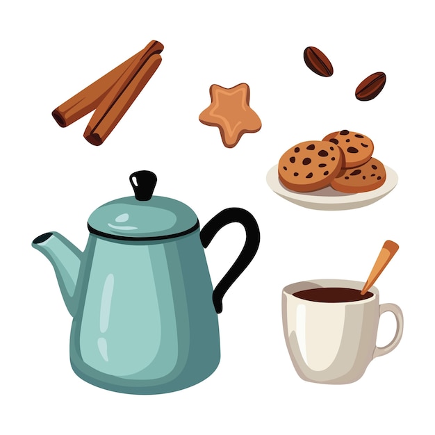 ケトルコーヒーカップとクッキーのベクトルセット