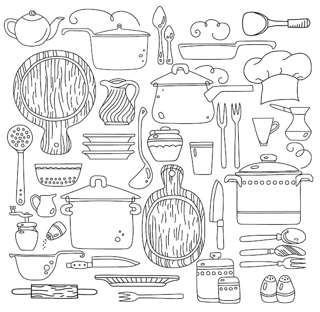 Set vettoriale di utensili da cucina oggetti disegnati a mano per cucinare