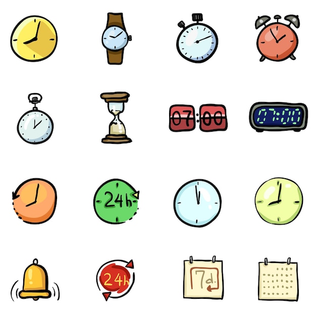 Vector set kleur doodle tijd iconen