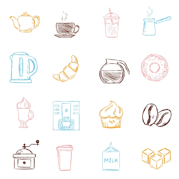 Vector set kleur schets koffie pictogrammen symbolen voor coffeeshop