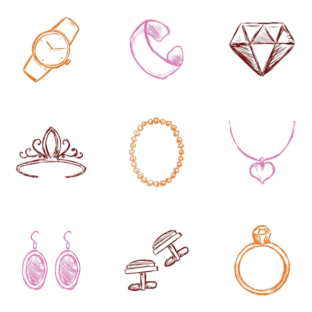 Vector set kleur schets sieraden iconen