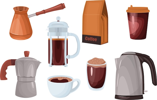 Vector set koffie op een witte achtergrond Illustratie van theepot koffie verpakking turks french