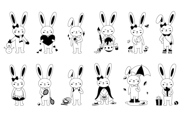 Vector vector set konijntjes in schattige stijl konijnen in verschillende seizoenen winter lente zomer herfst konijntjes om maanden en seizoensvakanties in ansichtkaarten kalenders banners te illustreren