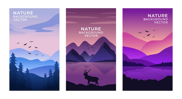 Vector set of landscape with mountains and hills, gradient color abstract backgrounds