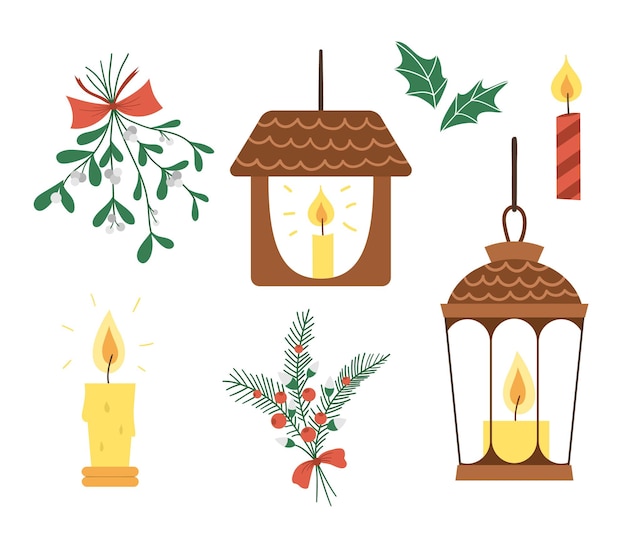 Vector set lantaarns met kaarsen, hulst bladeren en maretak bos geïsoleerd op een witte achtergrond. Leuke grappige illustratie van nieuwjaarssymbool. Kerstverlichting in platte stijl voor decoraties.