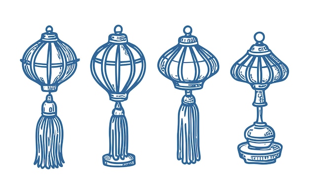 Vector vector set of lantern chinese decorations various types of chinese lamps doodle line art