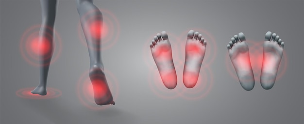 회색 배경에 빨간색 통증 패치가 있는 다리의 벡터 세트