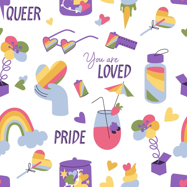 Vector set of LGBTQ community symbols and icons Seamless parten for Pride Month decorations