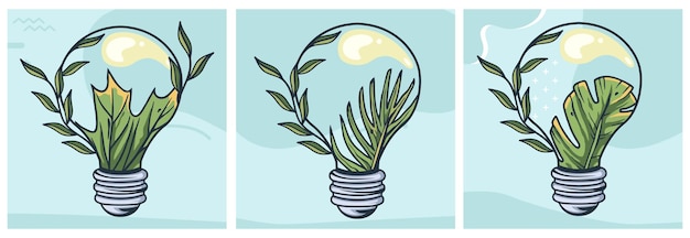 vector set of light bulb overgrown plants and leaves creative concept for organic natural