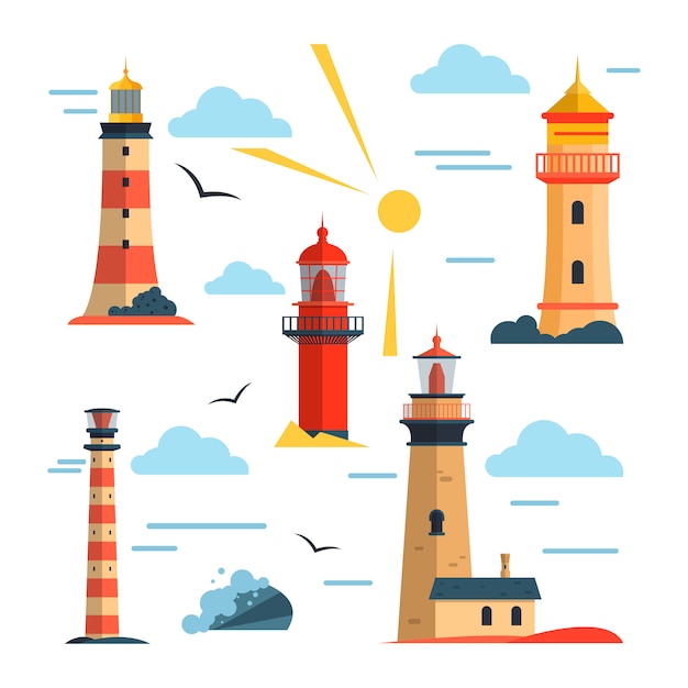 Vector set di fari. faro di cartone animato con fasci di luce.