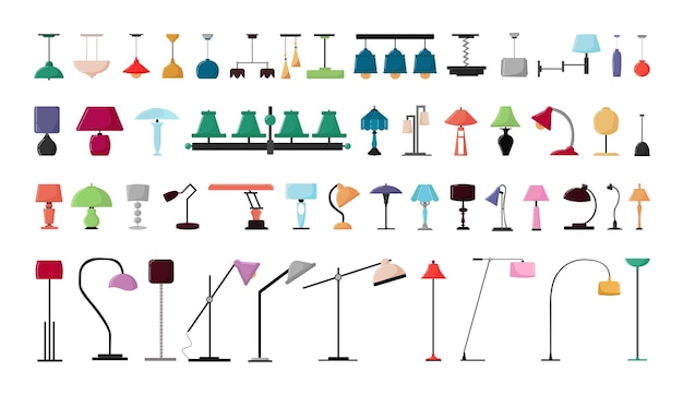 Vector set of lighting fixtures, lamps, floor lamps for home and office.