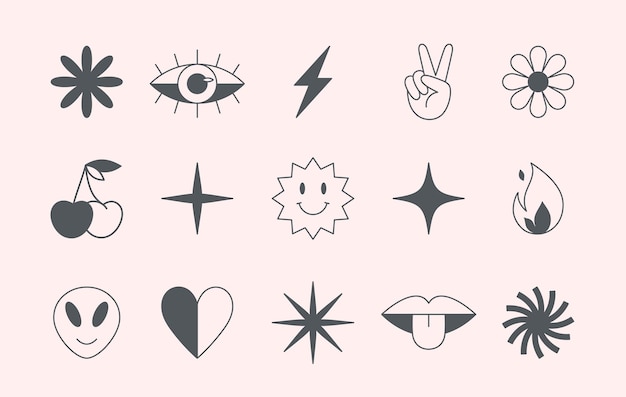 Vector set of linear fun patchesstickersgeometric shapes in 90s styleKid core icons or symbols in y2k aesthetic