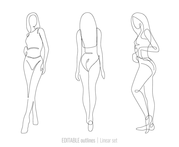 Vector vector set of linear girl silhouettes from different angles with editable outlines.