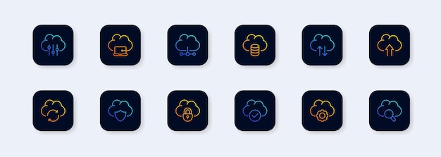 vector set of linear icons related to network cloud service cloud storage data transfer and synchronization user account for security with payment protection on isolated vector render cloud