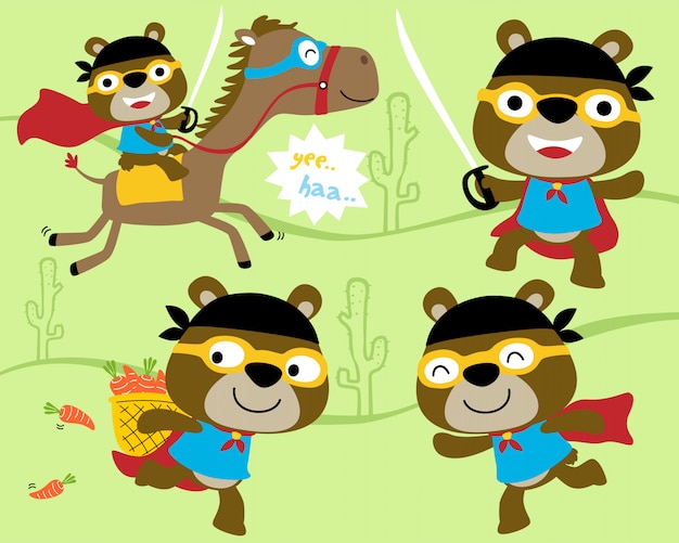 Vector set of little bear cartoon with hero costume