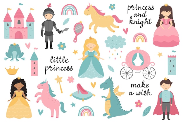Векторный набор маленьких принцесс, принц, рыцарь, дракон, единорог, карета, замок, лягушка, корона
