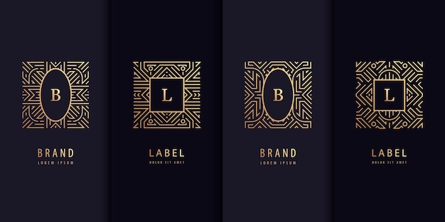 Vettore set vettoriale di modelli di progettazione di logo, opuscoli, volantini, design di imballaggi in stile lineare art deco, lettere in quadrati, uso per prodotti di lusso, inviti a matrimoni, cosmetici biologici, imballaggi di vino.