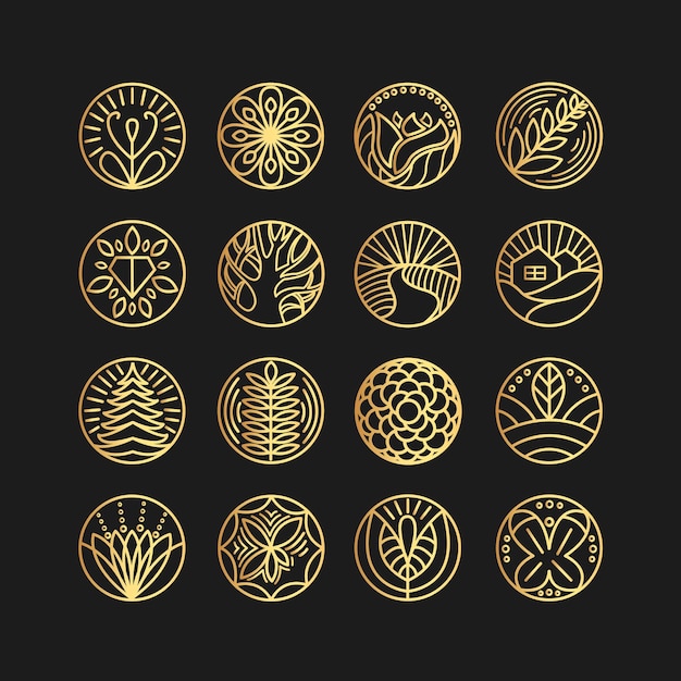Векторный набор шаблонов дизайна логотипа и эмблем в модном линейном стиле в золотых тонах