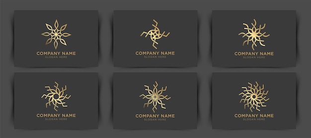 Vector set of logo design templates in trendy linear style with flowers and leaves signs made with golden foil on black background