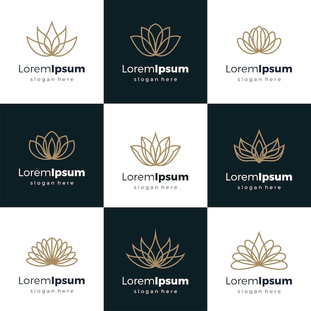 Vector set logo ontwerpsjablonen en emblemen in trendy lineaire stijl in gouden kleuren op zwarte achtergrond bloemen en natuurlijke cosmetica concepten en alternatieve geneeskunde symbolen