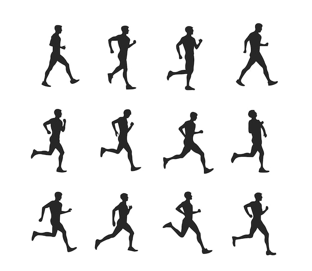 vector set of man walking and running silhouettes manually created