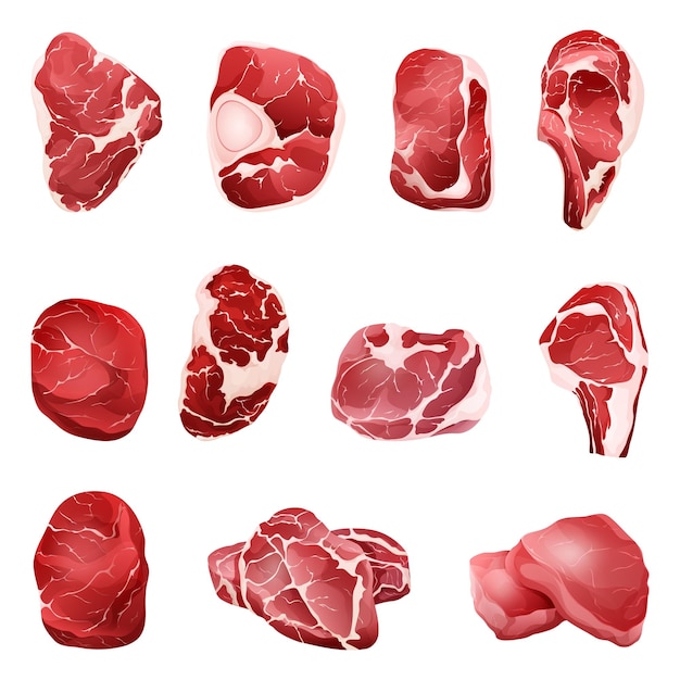 Vettore insieme di vettore dei tagli di carne. parti di carne animali manzo, maiale, agnello. illustrazione di carne cruda