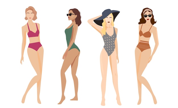 Vector set meisjes in zwemkleding en bikini's Vier verschillende meisjes op een witte geïsoleerde background