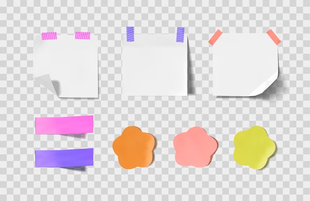 Set vettoriale di promemoria adesivi colorati e bianchi carta per appunti su sfondo trasparente