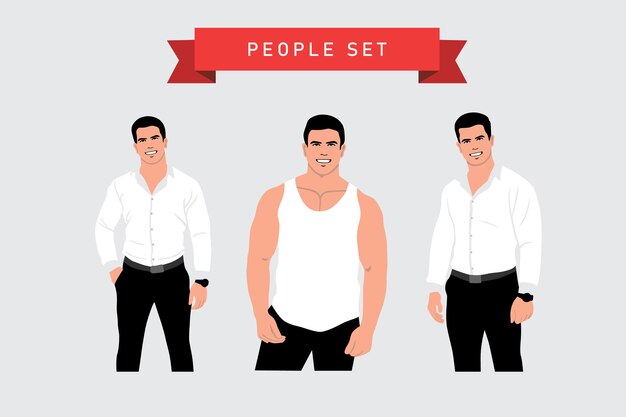 Vector vector set of men in different poses and clothes flat style illustration