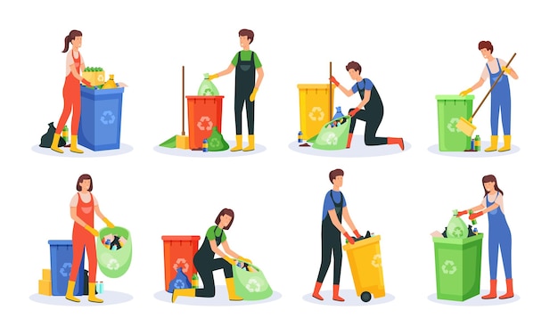 Векторный набор мужчин и женщин убирают мусор