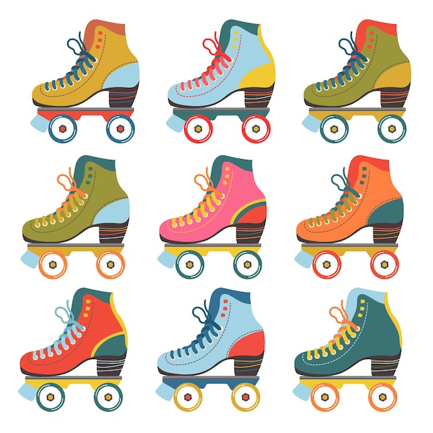 Vector set met gekleurde rolschaatsen. Vintage poster met rolschaatsen. Heldere stijlvolle illustratie