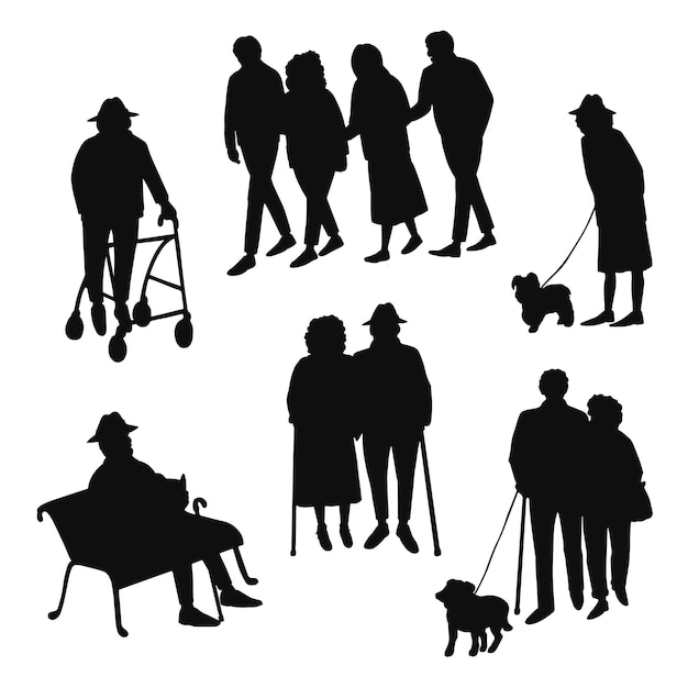 Vector set met illustraties van zwarte silhouet oude mensen lopen