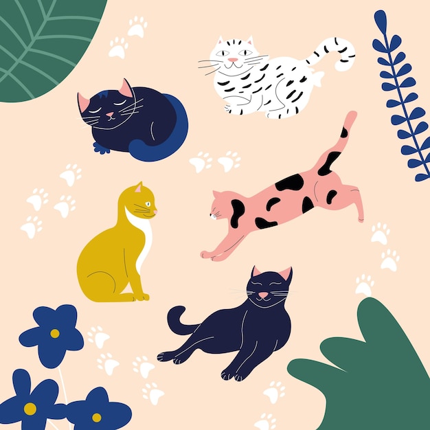 Vector set met katten van verschillende rassen en kleuren. Kaarten met katten, pootjes en kussentjes in bloemen.