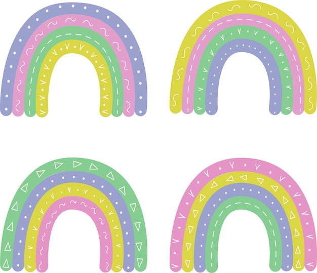 Vector set met regenbogen in delicate kleuren met een mooi ornament geïsoleerd op een witte achtergrond