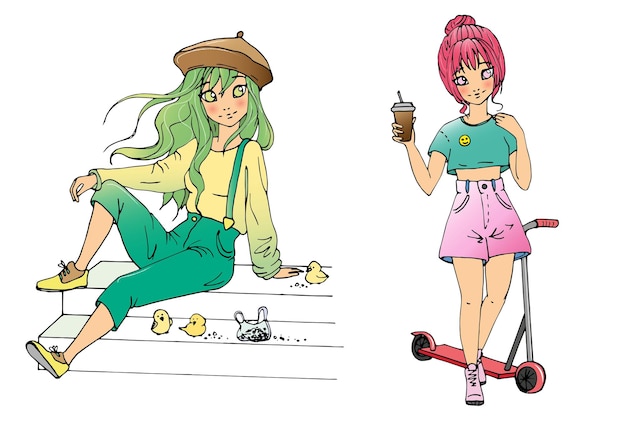 vector set met schattige cartoon anime-meisjes. stickerpakket