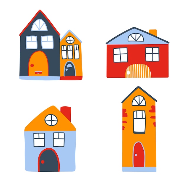 Vector set met schattige gekleurde huizen in doodle stijl Noorse huizen in cartoon stijl