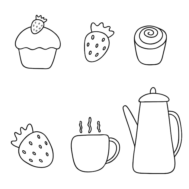 Vector set met theepot cup cake bun berry