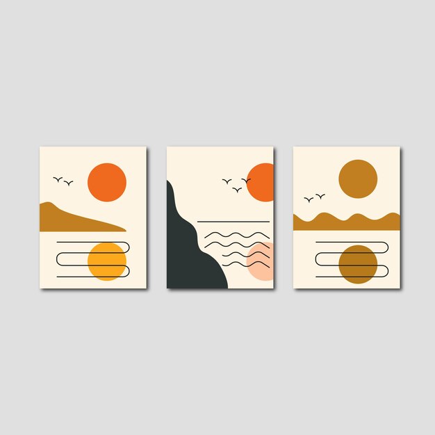 Vector Set of minimal abstract sun on the sky above the sea for wall frame design