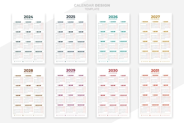 Vector vector set of minimal calendars design 2024 2025 2026 2027 2028 2029 2030 template