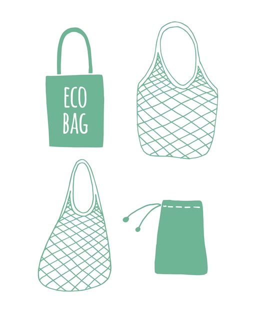 Vector vector set of mint green sketch eco bag