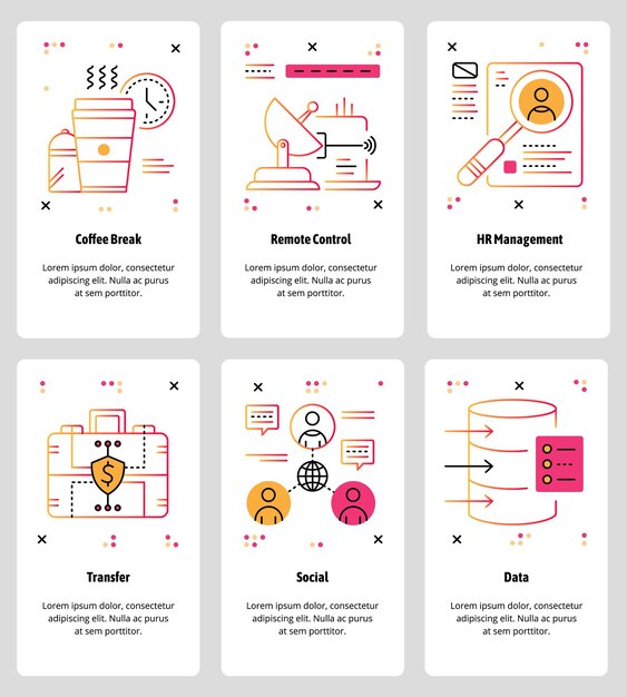 Vector vector set of mobile app onboarding screens coffee break remote control hr management transfer social data web templates and banners thin line art style design icons for website menu